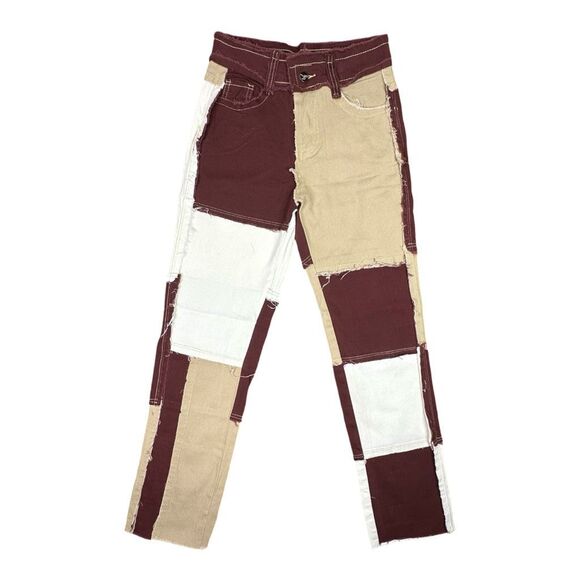 Day Dream Brown Patchwork Denim Pants - Size Small - Picture 2 of 7